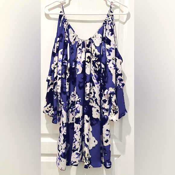 Parker Agave Indigo Floral Cold Shoulder Bell Sleeve Silk Mini Dress/Tunic Top - Picture 6 of 7